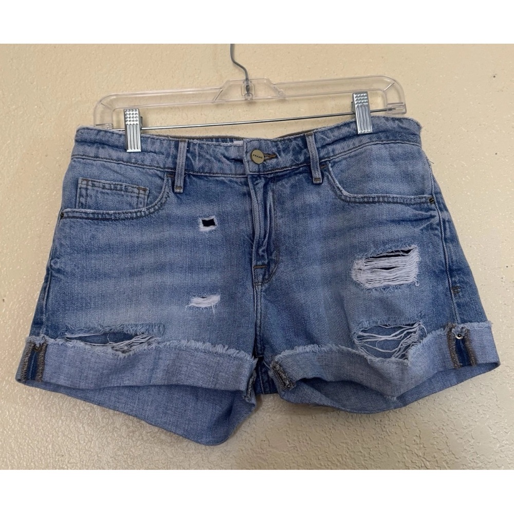 FRAME Le Grand Garçon Distressed Cuffed Denim Shorts Size 26 Mid Rise Blue